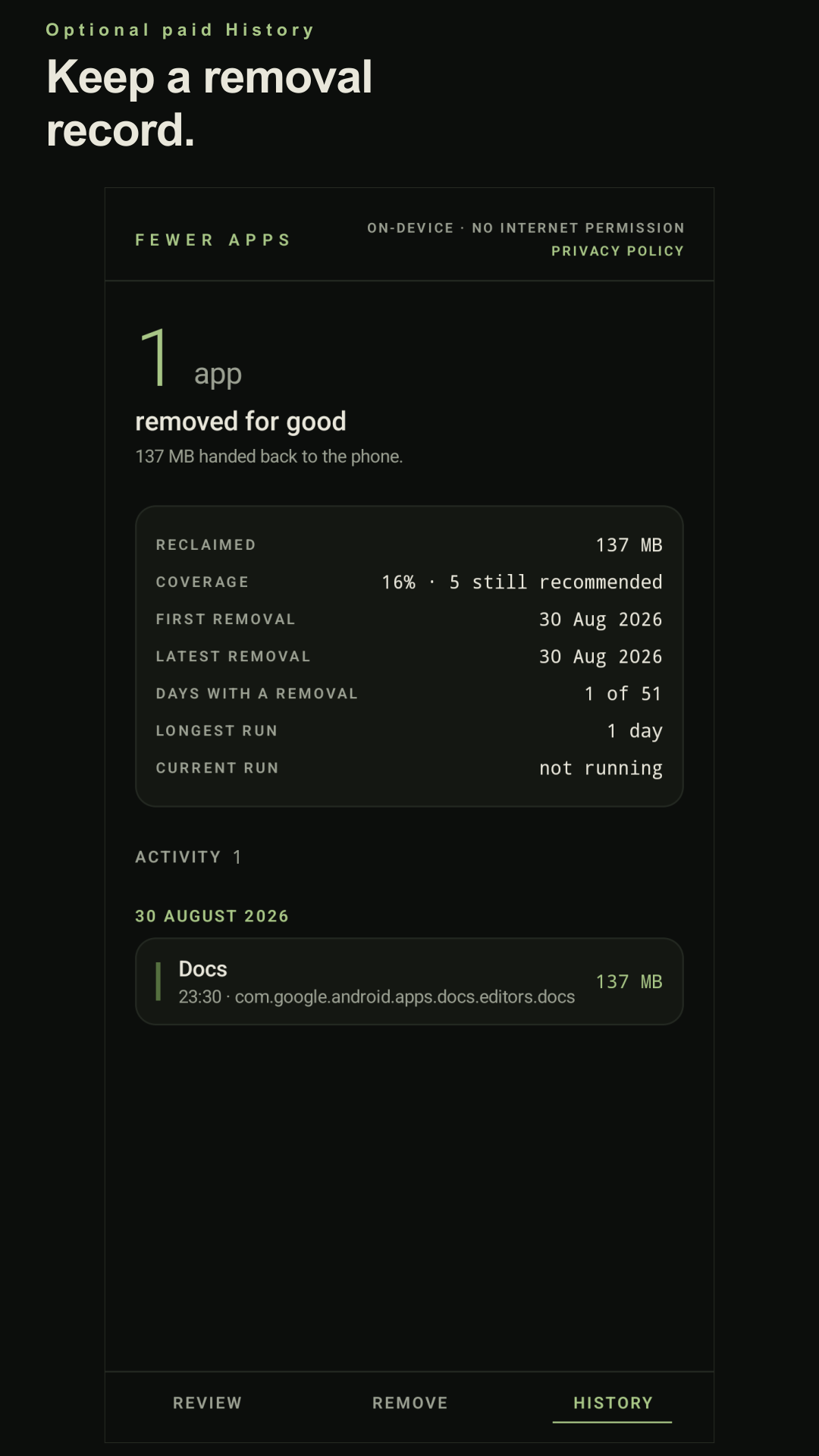 Fewer Apps optional paid History screen showing a saved Google Docs removal dated 30 August 2026, its recorded app size, and activity summaries.